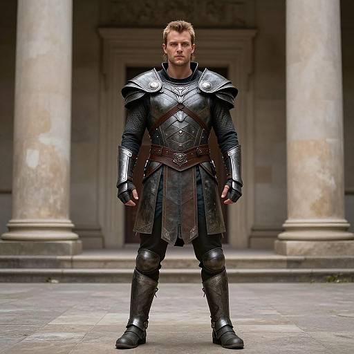 Photograph of a tall, muscular man in detailed medieval armor standing before stone columns, with a serious expression, in an ancient courtyard.