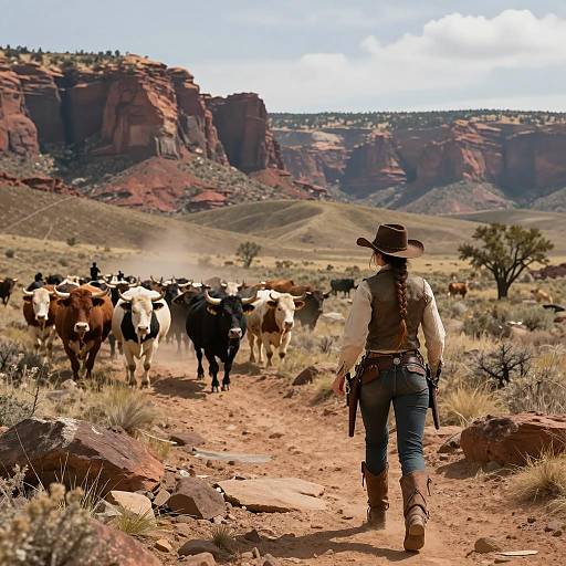 Female Cowboy Driving Cattle in Rocky Canyon