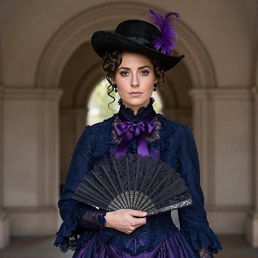 Victorian Woman with Fan in Ornate Hallway