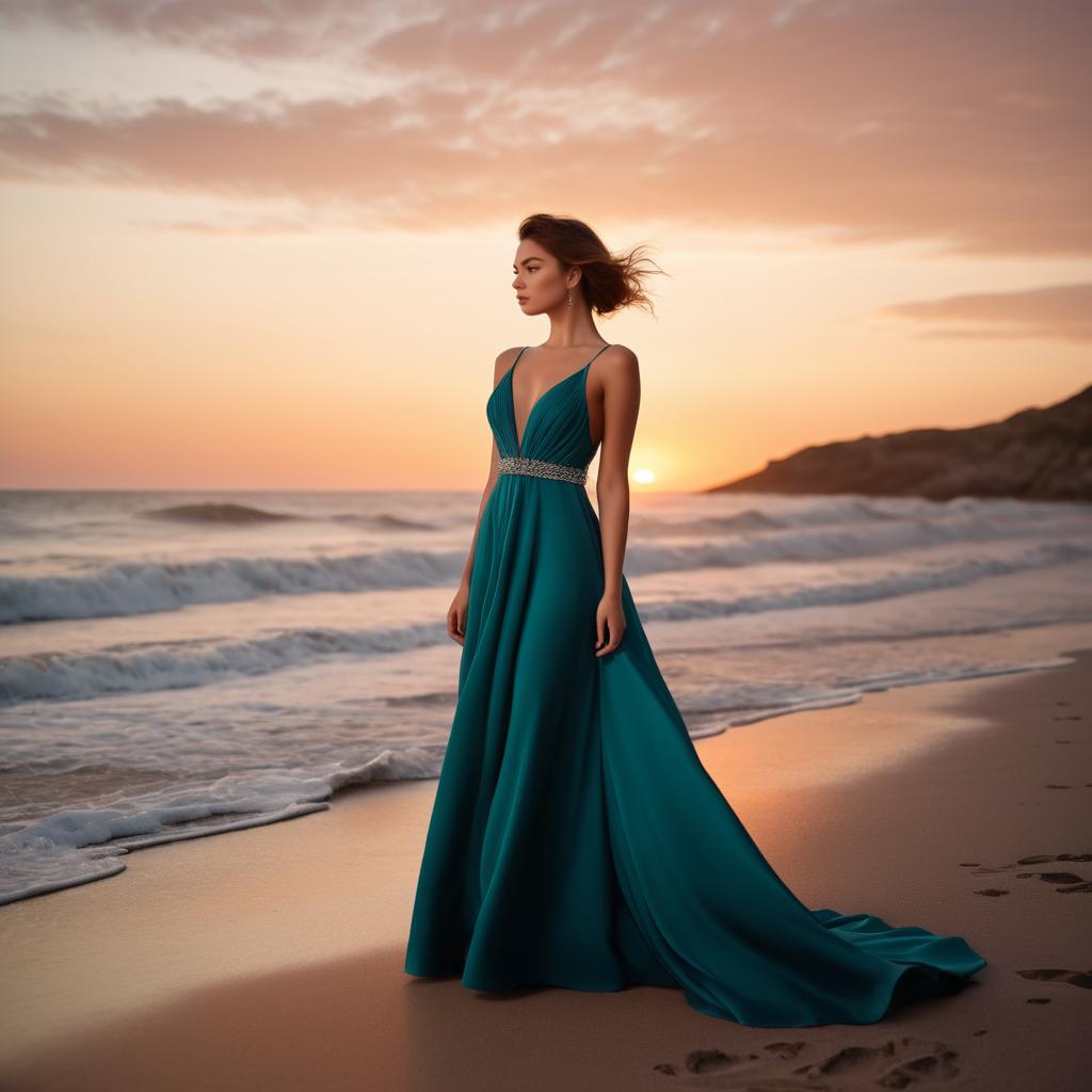 Elegant Evening Gown at Beach Sunset