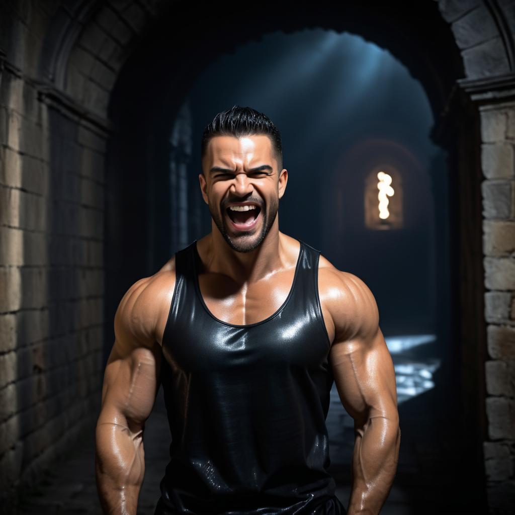 Muscular Man in Dark Castle Setting