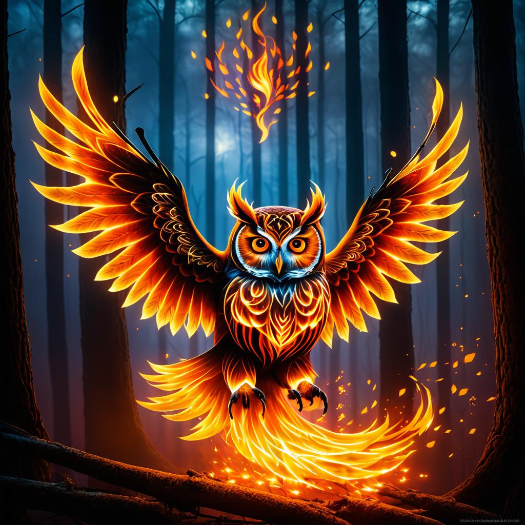 Incandescent Owl in Fiery Forest Scene