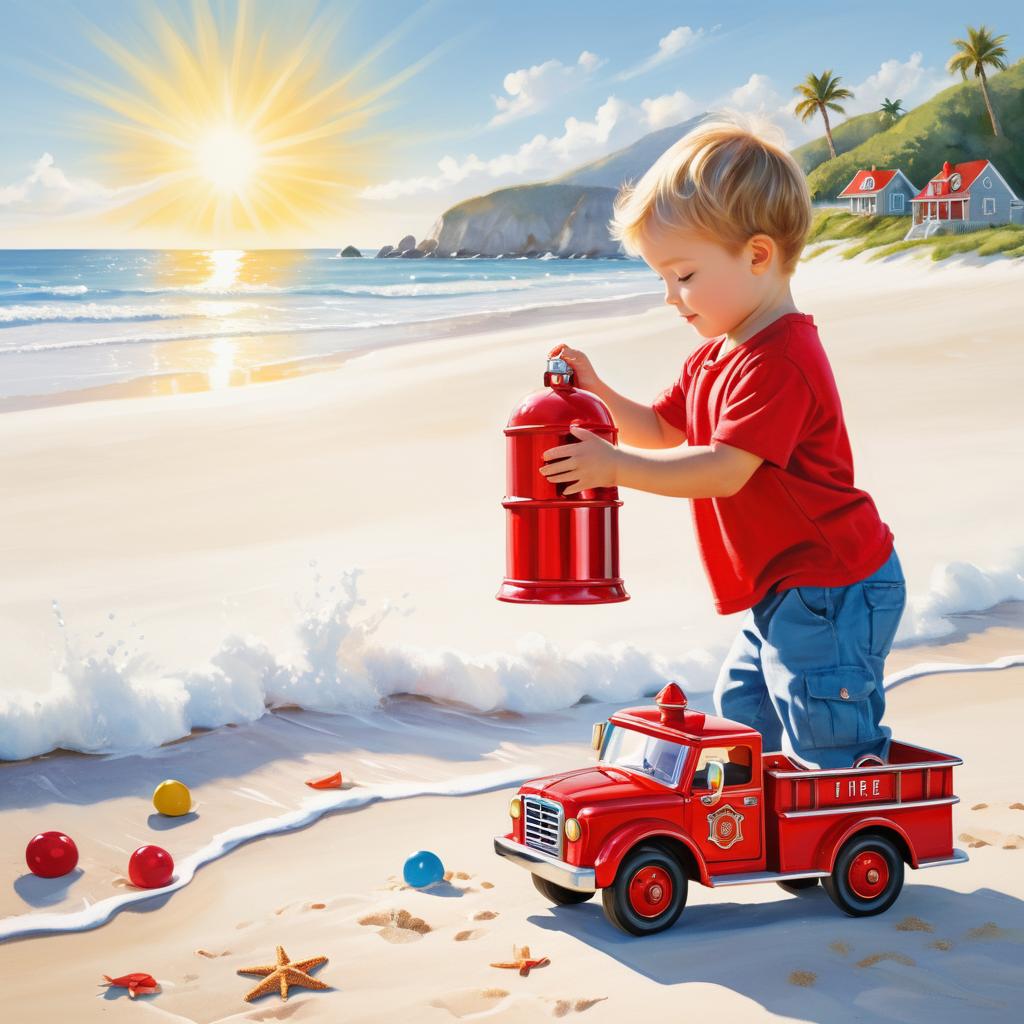 Whimsical Beach Scene with Fire Truck