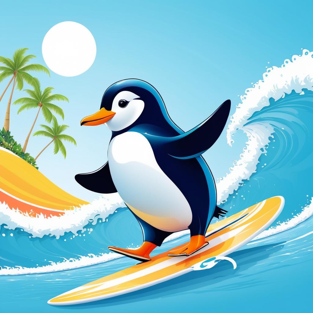 Surfing Penguin in Hawaiian Shirt Fun