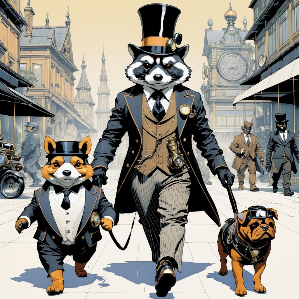 Steampunk Raccoon Walking Bulldogs in Style