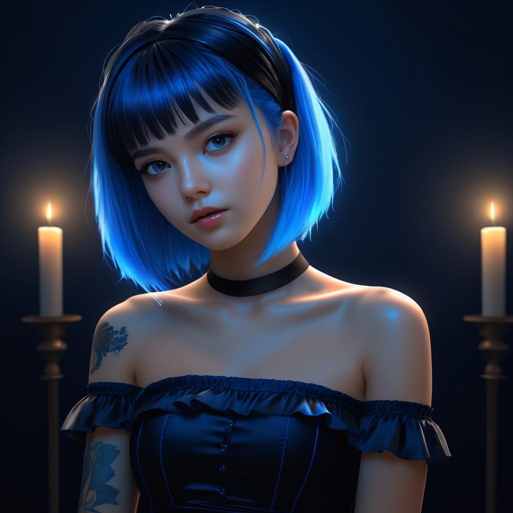 Photorealistic Candlelit Portrait of Blue-Haired Girl