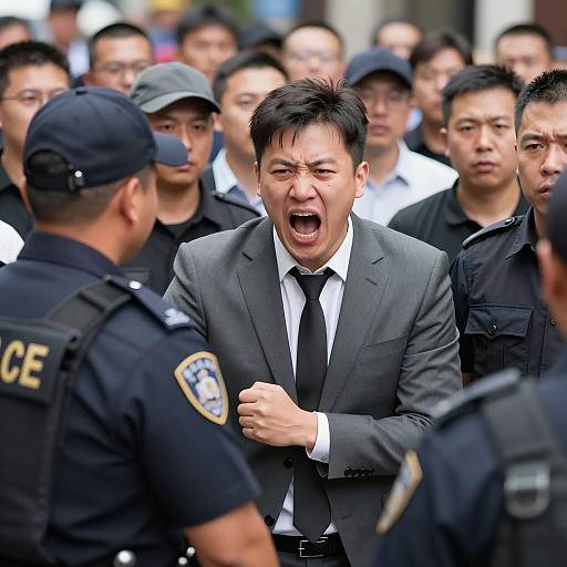 Angry Man Confronting Police in Crowd