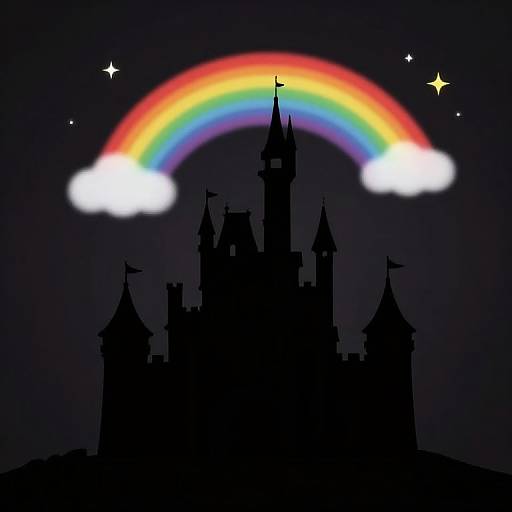 Silhouetted castle with pointed towers under a vibrant rainbow, flanked by white clouds, and surrounded by twinkling stars against a dark night sky