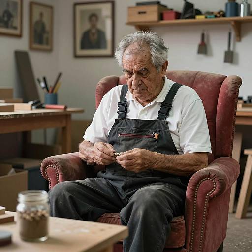 Elderly Craftsman in a Woodworking Workshop