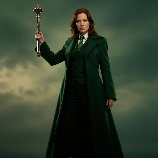 Photograph of a serious, brown-haired woman in a black coat and tie, holding an ornate staff, against a dark, cloudy background.