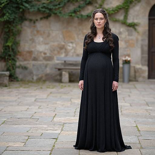 Photograph of a pregnant woman with long dark hair, wearing a black, long-sleeved, floor-length gown, standing in a stone courtyard with