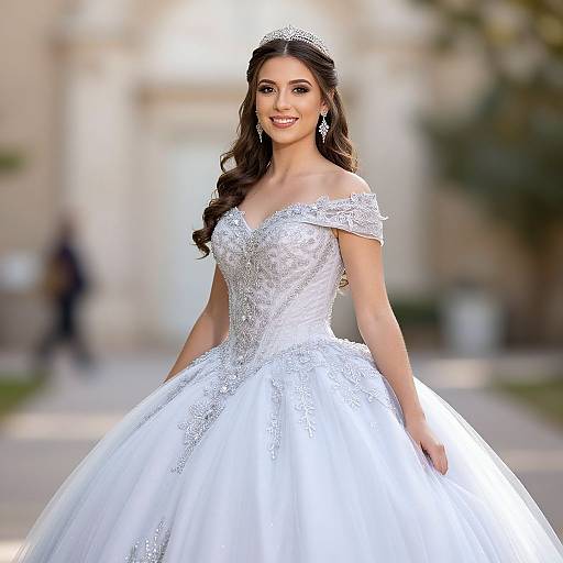 Photograph of a smiling woman in a sparkling white off-shoulder wedding dress with a full skirt, silver tiara, and elegant earrings, standing