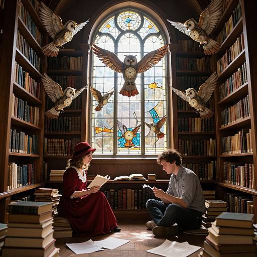 Photograph of a library with wooden shelves and stained glass window, featuring a woman in a red dress and hat, and a man in a grey shirt
