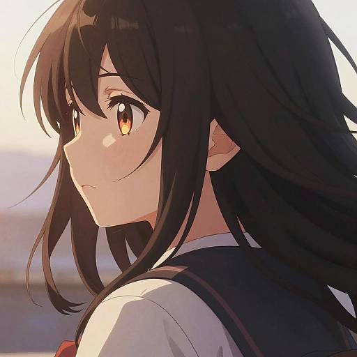 Anime-style digital drawing of a young woman with long black hair, amber eyes, and a serious expression, wearing a white shirt and black vest, set