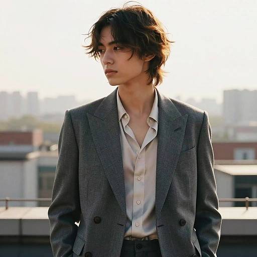 Androgynous Model with Layered Fade Hairstyle in Double-Breasted Suit