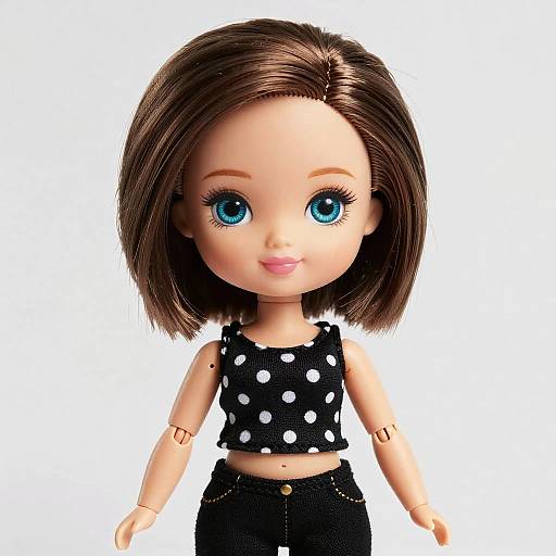 Photograph of a doll with large blue eyes, brown bob haircut, wearing a black polka dot sleeveless top and black pants.