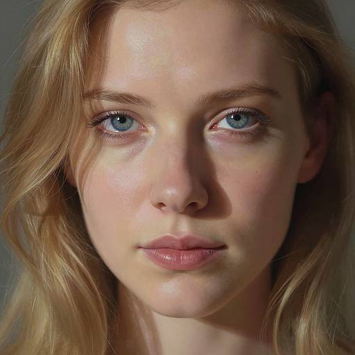 Photograph of a young Caucasian woman with fair skin, blue eyes, light blonde hair, and soft pink lips, gazing directly at the camera with