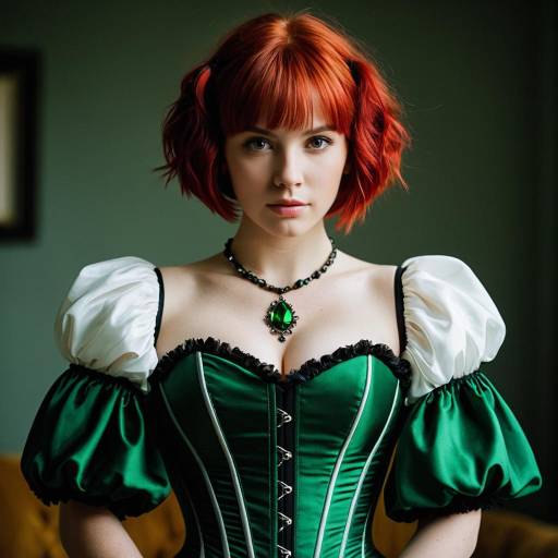 Woman in Green Corset Dress with Red Hair