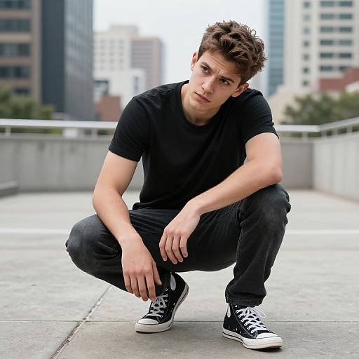 Photograph of a young white man with tousled brown hair, squatting on a city rooftop in black t-shirt, jeans, and sneakers, with