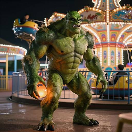 Humanoid Monster at Night Amusement Park