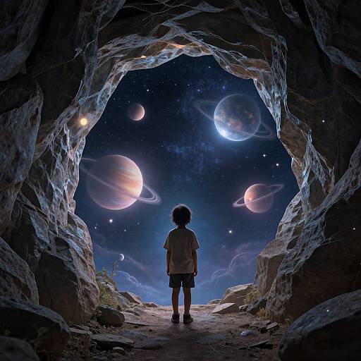 A child stands in a rocky cave, gazing at a starry night sky filled with glowing planets and celestial bodies. Digital art.