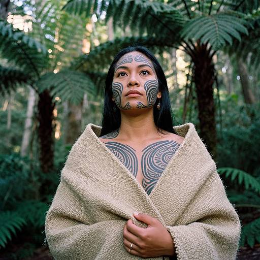 Photograph of a woman with black hair, intricate tribal face paint, and a beige textured coat, standing in a lush forest.