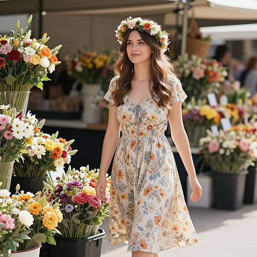 Photograph of a young woman with long brown hair, wearing a floral dress and flower crown, walking through a vibrant flower market.