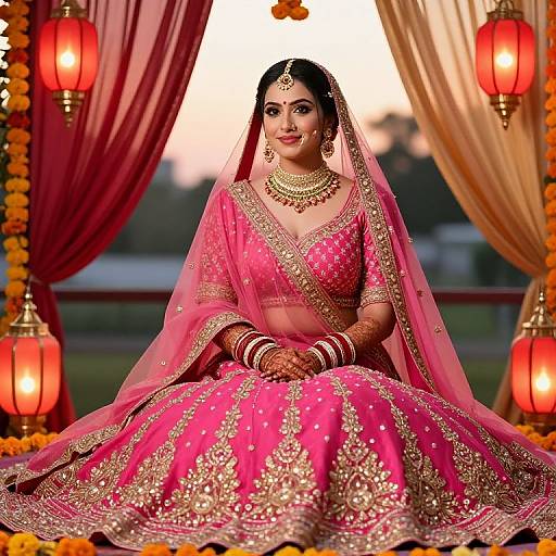 Photograph of a beautiful Indian bride in a pink and gold traditional lehenga, sitting under red lanterns, with orange marigold garlands,