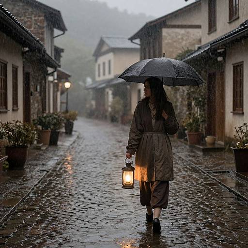 Photograph of a woman in a dark brown raincoat and black umbrella, holding a lantern, walking on a wet, cobblestone street in a