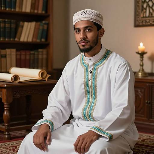 Photograph of a young South Asian man with a trimmed beard, wearing a white traditional kurta with teal and gold embroidery, and a white cap,