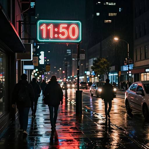 Nighttime photograph of a wet city street, neon 