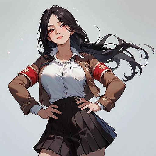 Digital anime-style drawing of a confident woman with long black hair, red eyes, wearing a white shirt, brown jacket, and black skirt. Hands on