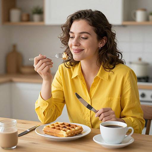 Photograph of a smiling woman with curly brown hair in a yellow shirt, eating waffle with fork and knife, coffee on saucer.