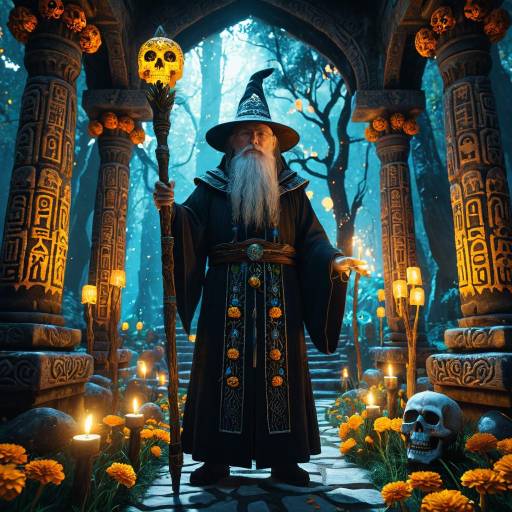 Elderly Wizard in Mystical Ancient Forest Temple