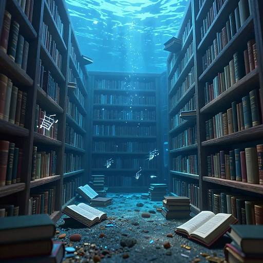Photorealistic digital art: underwater library with blue-tinted water, bookshelves on both sides, scattered books, open books on the floor