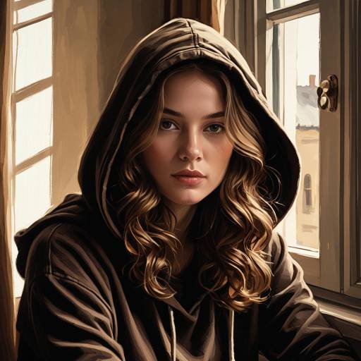 Young Woman in Hooded Garment by Window