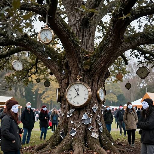 Photograph of a large tree with multiple clocks and paper ornaments hanging from its branches, surrounded by people wearing white masks in an outdoor park.