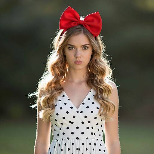 Photograph of a young woman with long wavy blonde hair, wearing a white polka dot dress and a large red bow, standing in a sun