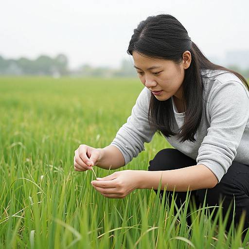 Woman Collecting Grass Samples Outdoors