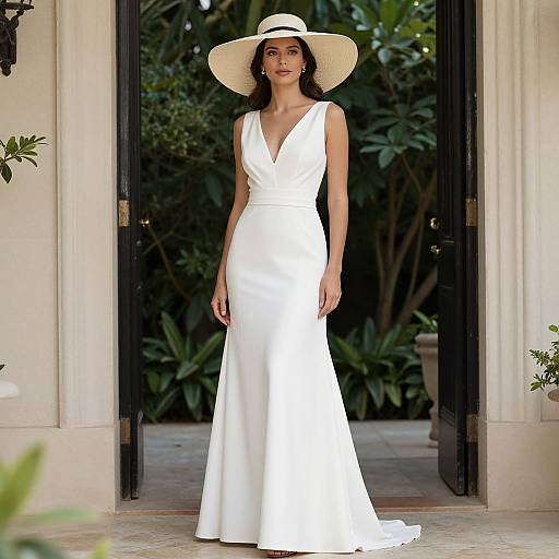 Photograph of a woman in a white, sleeveless, V-neck wedding gown and wide-brimmed hat, standing in a doorway with lush green