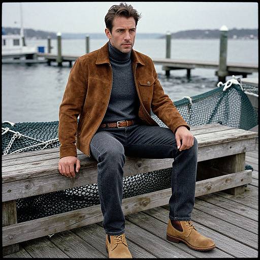 Photograph of a serious, brown-haired man in a brown suede jacket, gray turtleneck, and blue jeans, sitting on a wooden dock with