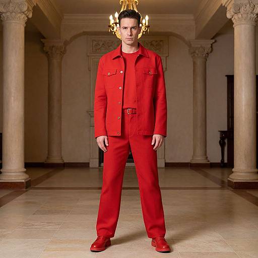 Man in Red Outfit on Tiled Floor