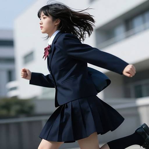 Photograph of an Asian teenage girl in a black school uniform and pleated skirt, running outdoors with windblown black hair. Background: blurred modern