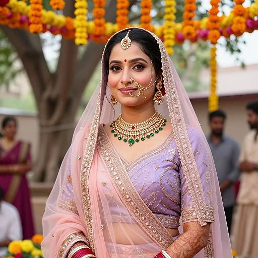 Photograph of a smiling Indian bride in a pink, gold-embroidered saree and veil, adorned with jewelry, surrounded by marigold