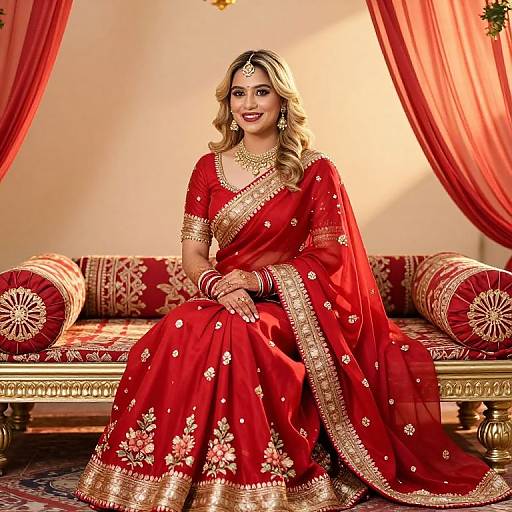 Photograph of a blonde Indian bride in a red, gold-embroidered saree, sitting on a patterned red and gold sofa, with