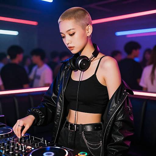 Photograph of a bald, androgynous DJ with fair skin, wearing a black crop top, leather jacket, and headphones, mixing music in