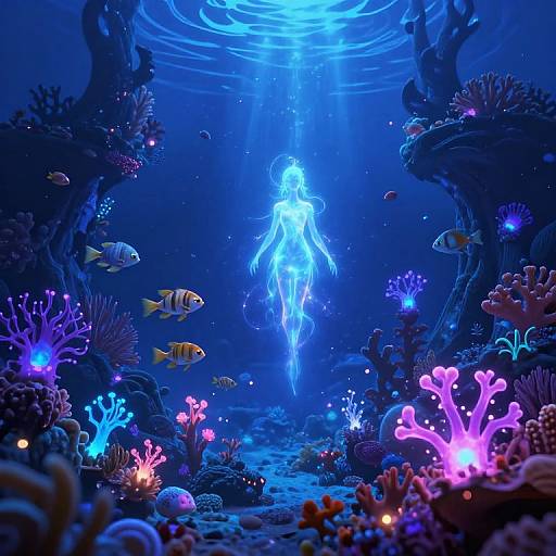 Digital artwork of a glowing blue mermaid floating underwater, surrounded by vibrant, colorful coral, fish, and bioluminescent flora, bathed in