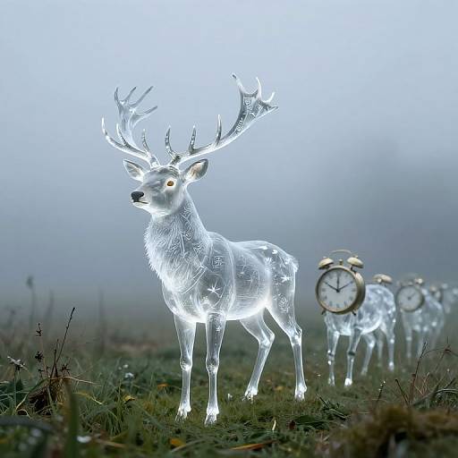 Photograph of a glowing, transparent white deer with intricate antlers, standing in a foggy field beside three illuminated clock sculptures.