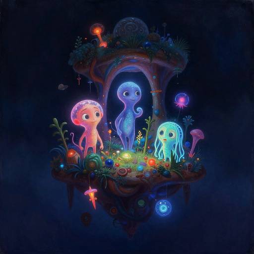 Bioluminescent Alien Trio on Floating Island