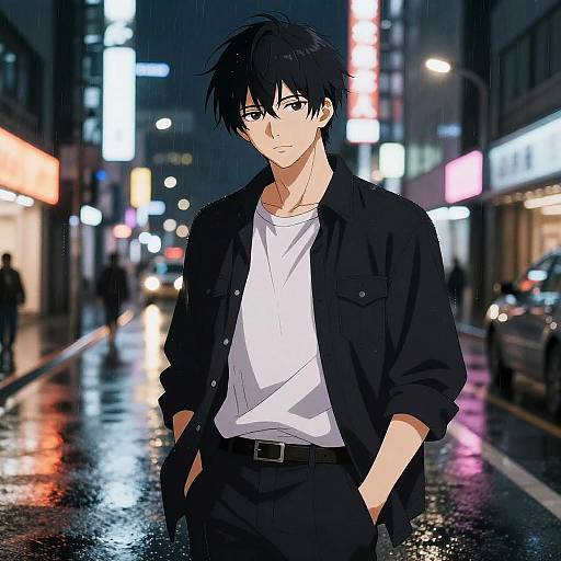 Anime-style digital drawing of a handsome young man with black hair, wearing a black jacket and white shirt, standing in a vibrant, neon-lit,